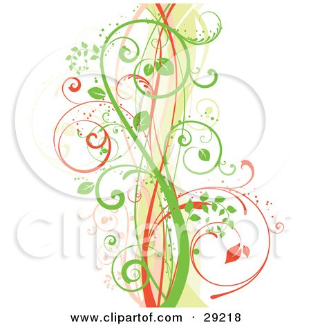 Clipart Illustration of a White Background With Green And Orange Leafy Vines Over Pastel Waves by KJ Pargeter