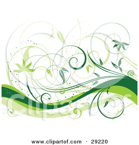 Clipart Illustration of Light And Dark Green Curly Vines Over A White Background, With Waves Along The Bottom by KJ Pargeter
