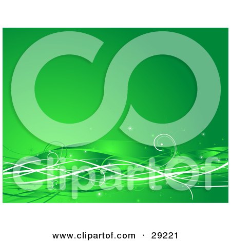 Clipart Illustration of a Green Background With Shiny Green And White Waves With Curls And Sparkles by KJ Pargeter