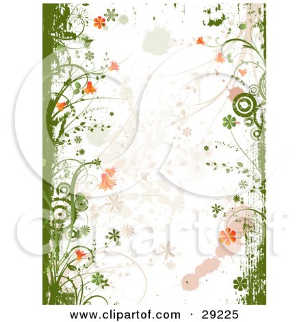 Clipart Illustration of Green Grunge And Circles With Grasses And Orange Flowers On The Sides Of A Grunge White Background With Splatters by KJ Pargeter
