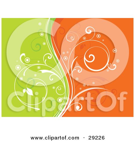Clipart Illustration of a White Curly Vine Dividing A Background Of Orange And Green by KJ Pargeter