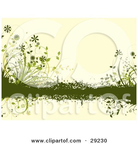 Clipart Illustration of Green Grasses And Flowers Growing On A Grunge Bar Across A Pale Yellow Background by KJ Pargeter