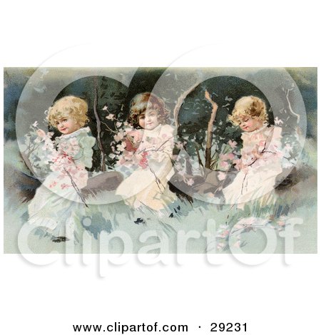 Clipart Illustration of Vintage Victorian Scene Of Three Little Girls Sitting On A Fallen Tree And Making A Garland Of The Pink Spring Blossoms, Circa 1890. by OldPixels