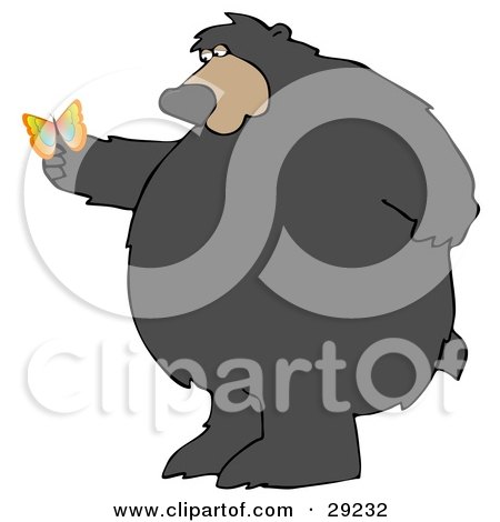 Clipart Illustration of a Big Chubby Wild Bear Standing On His Hind Legs, Gazing At A Butterfly On His Paw by djart