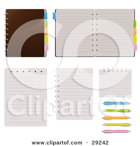 Clipart Illustration of a Set Of Spiral Notebooks With Colored Tabs And Lined Pages, With Colorful Pens by Melisende Vector
