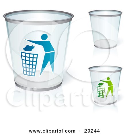 Clipart Illustration of a Set Of Three Clear Trash Cans, Two With Blue And Green People Tossing Garbage by beboy