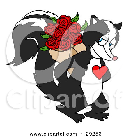 Clipart Illustration of a Sweet Skunk With A Red Heart On His Chest, Smiling And Holding A Bouquet Of Red Roses Behind His Back by LaffToon