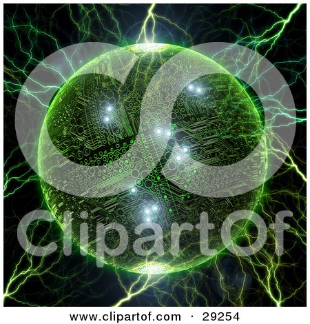 Clipart Illustration of Electricity Striking A Green Circuit Board Planet With Bright Lights by Tonis Pan