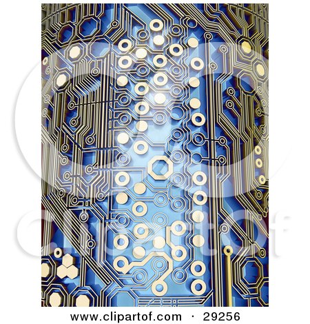 Clipart Illustration of Light Reflecting Off Of Elements On A Blue And Gold Circuit Board by Tonis Pan