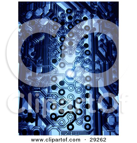 Clipart Illustration of a Bright Light Shining Through A Hole On A Dark Blue Circuit Board by Tonis Pan