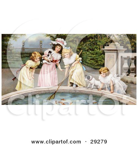 Clipart Illustration of a Vintage Victorian Scene Of Four Little Girls With Their Dogs, Fishing Goldfish Out Of A Pnd In A Park, Circa 1880 by OldPixels