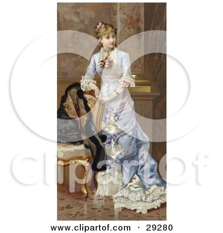 Clipart Illustration of a Vintage Victorian Scene Of A Young Lady In A Beautiful Dress, Resting Her Arms On A Chair And Looking Off To The Right, Circa 1870 by OldPixels
