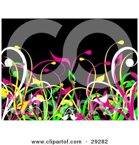 Clipart Illustration of White, Pink, Yellow And Green Grasses Growing Over A Black Background by KJ Pargeter