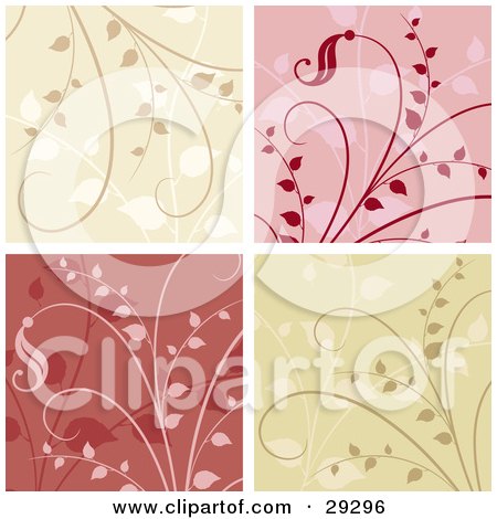Clipart Illustration of a Set Of Beige, Pink, Red And Green Floral Backgrounds Of Vines by KJ Pargeter