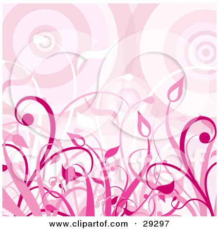 Clipart Illustration of Pink Grasses Growing Over A Circle Patterned Background by KJ Pargeter