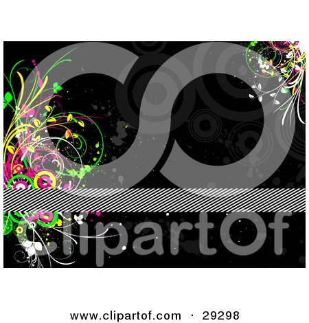 Clipart Illustration of a Black And White Diagonal Lined Text Bar Over A Black Background With Faded Grunge Spots, Circles And Pink, Yellow And Green Circles And Flourishes by KJ Pargeter