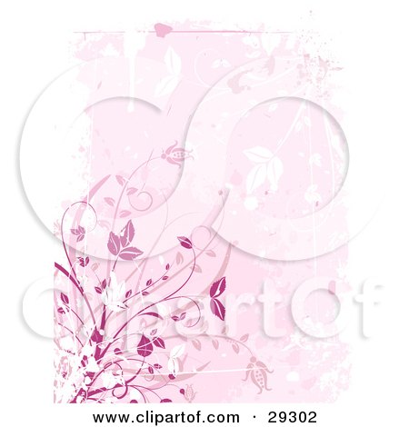 Clipart Illustration of a Pink Floral Grunge Background Of Pink And White Plants And A White Border Of Grunge by KJ Pargeter