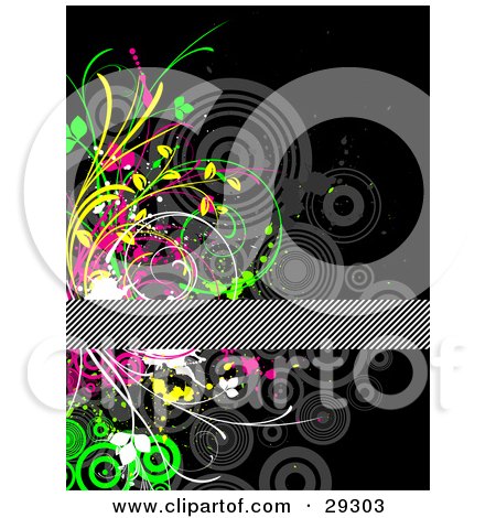 Clipart Illustration of a Black And White Diagonal Lined Text Bar Over A Flourish Of White, Green, Yellow And Pink Circles And Grasses On A White Background by KJ Pargeter