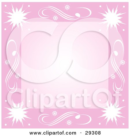 Clipart Illustration of a Pink Border Of White Bursts And Swirls With A Blank Center, Great For Scrapbooking Or Backgrounds by KJ Pargeter