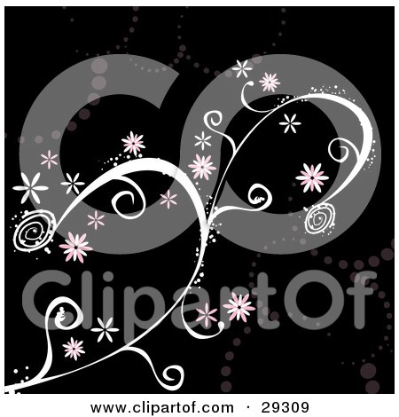 Clipart Illustration of Pink Flowers On A Magical White Vine Over A Black Background With Faded Dots by KJ Pargeter