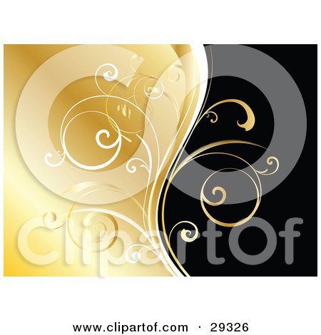 Clipart Illustration of Golden And White Curling Vines Dividing A Background Of Gold And Black by KJ Pargeter