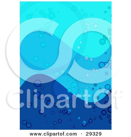 Clipart Illustration of Three Shades Of Blue Waves With Bubbles And Circles by KJ Pargeter