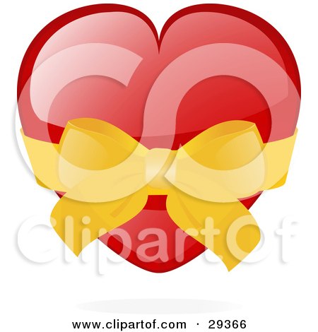 Clipart Illustration of a Shiny Red Heart Wrapped In A Golden Bow And Ribbon by elaineitalia