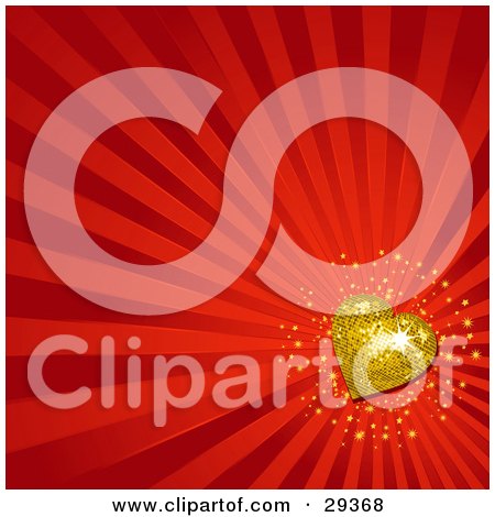 Clipart Illustration of a Sparkling Gold Disco Heart On A Background Of Red Bursts by elaineitalia