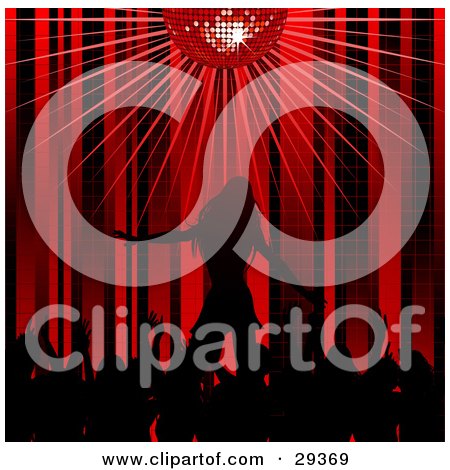 Clipart Illustration of a Silhouetted Audience Applauding A Female Performing Artist On A Stage Under A Red Disco Ball by elaineitalia