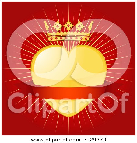 Clipart Illustration of a Gold Heart With A Crown And A Blank Red Banner Of A Bursting Golden And Red Background by elaineitalia