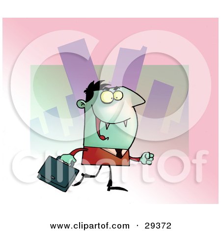 Clipart Illustration of a Green Vampire With Fangs, Dressed In A Suit And Carrying A Briefcase To An Office by Hit Toon