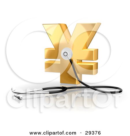 Clipart Illustration of a Stethoscope Up Against A Golden Yen Sign, Symbolizing Economy, Debt And Savings by Frog974