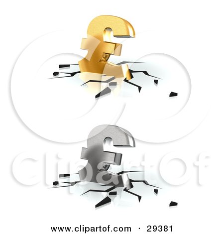 Clipart Illustration of Gold And Silver Pound Sterling Currency Signs Crashing Down Into A White Surface, With Black Cracks by Frog974
