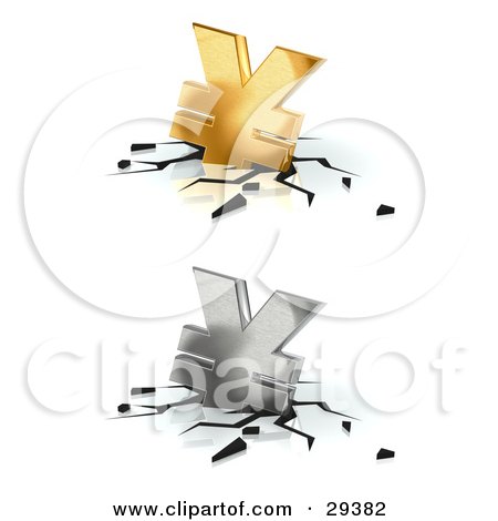Clipart Illustration of Gold And Silver Yen Currency Signs Crashing Down Into A White Surface, With Black Cracks by Frog974