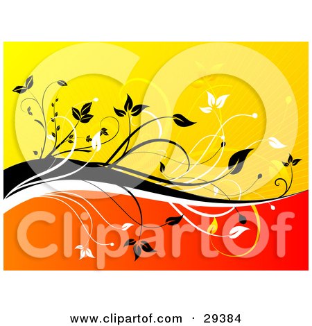 Clipart Illustration of Black And White Vines Dividing A Yellow Bursting Background From A Gradient Orange And Red Background by KJ Pargeter