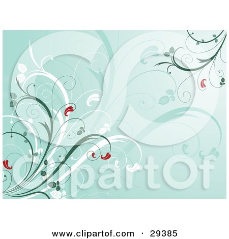 Clipart Illustration of Red Flowers Growing On Green And White Plants Over A Green Background by KJ Pargeter