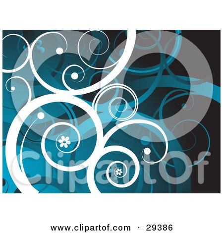 Clipart Illustration of a Background Of White And Blue Curling Vines With Little Flowers by KJ Pargeter