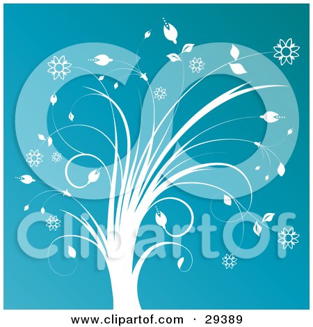 Clipart Illustration of a White Plant With Blooming Flowers On A Blue Background by KJ Pargeter