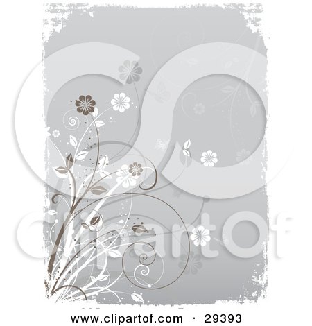 Clipart Illustration of Brown And White Flowering Plants With Butterflies And Grasses Over A Gray Background, Bordered By White Grunge by KJ Pargeter