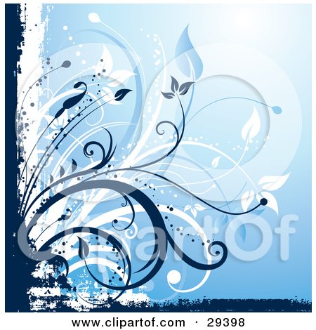 Clipart Illustration of Blue And White Flowers And Grunge Bordering A Gradient Background by KJ Pargeter