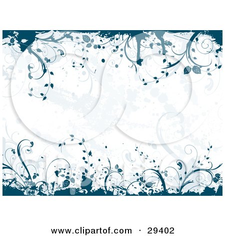 Clipart Illustration of a Grunge Background With Splatters, Bordered By Dark Blue Vines Along The Top And Bottom Borders by KJ Pargeter