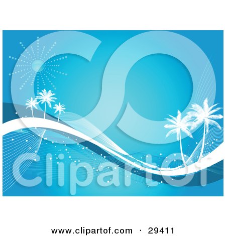 Clipart Illustration of White Silhouetted Palm Trees On Waves Of Blue And White Under A Faded Sun On A Blue Background by KJ Pargeter