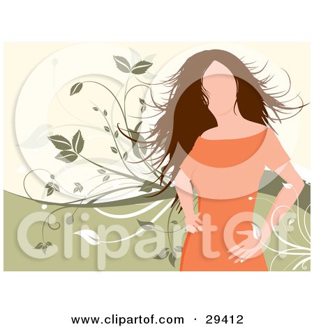 Clipart Illustration of a Faceless Woman In An Orange Dress, Standing With Her Hands On Her Hips, Over A Green And White Background With Vines by KJ Pargeter