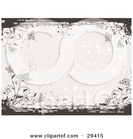 Clipart Illustration of an Off White Background With Grunge Splatters, Bordered By Brown Grunge And Flowering Plants In The Corners by KJ Pargeter