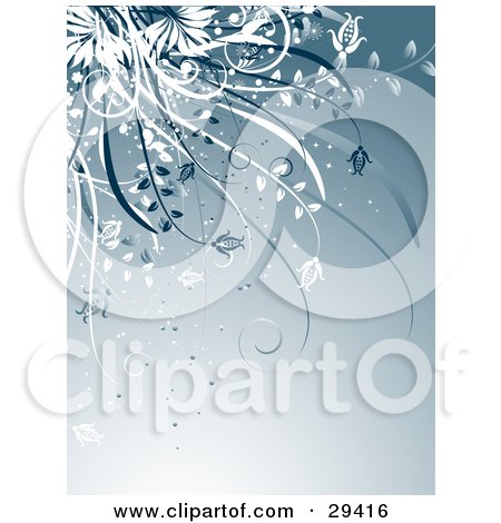 Clipart Illustration of a Cluster Of White And Blue Plants Hanging Down Over A Gradient Background by KJ Pargeter