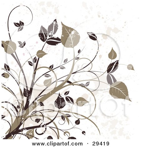 Clipart Illustration of Dark Brown And Tan Grungy Leafy Plants On A Splattered Off White Background by KJ Pargeter