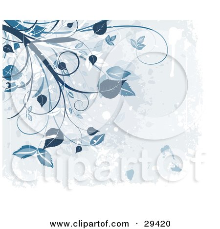 Clipart Illustration of Dark Blue And White Leafy Plants Hanging Down Over A Gradient Grunge Background Of Splatters And Drips by KJ Pargeter