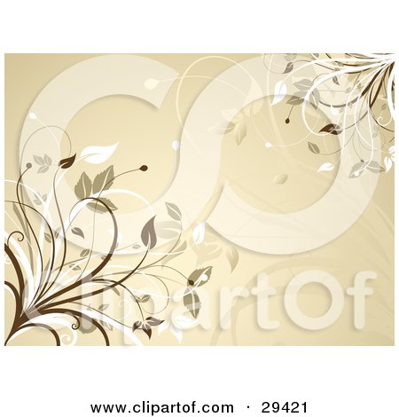 Clipart Illustration of a Yellowish Brown Background With Brown And White Leafy Flourishes by KJ Pargeter