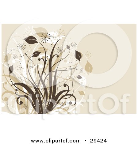 Clipart Illustration of Silhouetted Brown And White Plants With Bursts On A Beige Background by KJ Pargeter