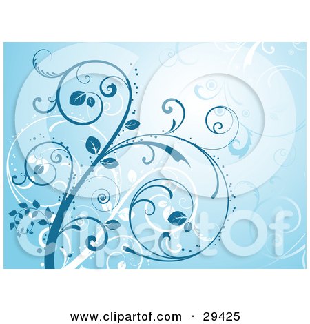 Clipart Illustration of Curling Blue And White Vines Over A Blue Background With Faded Vines by KJ Pargeter